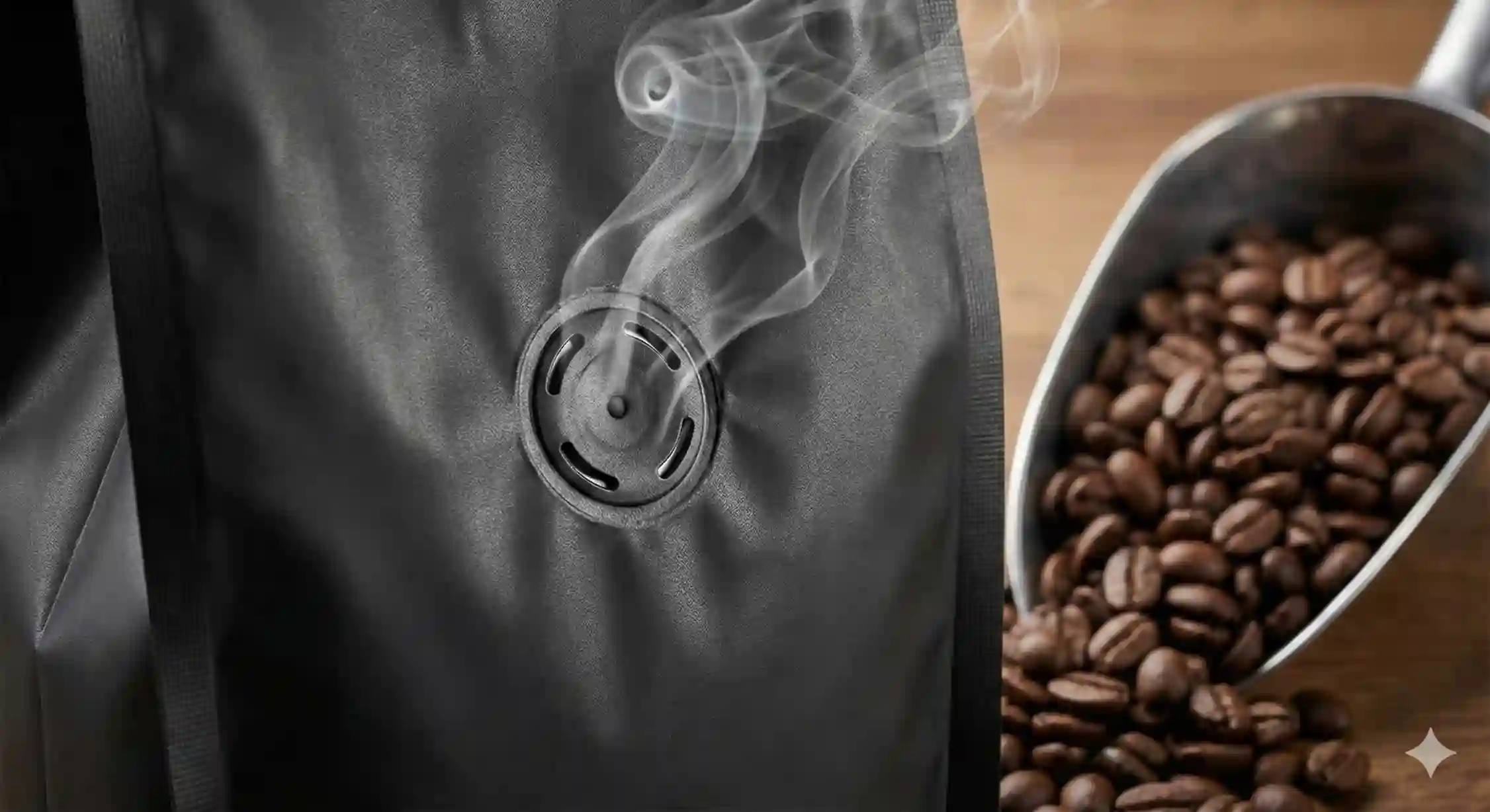 سوپاپ تخلیه هوا روی بسته‌بندی قهوه برای حفظ عطر و تازگی.