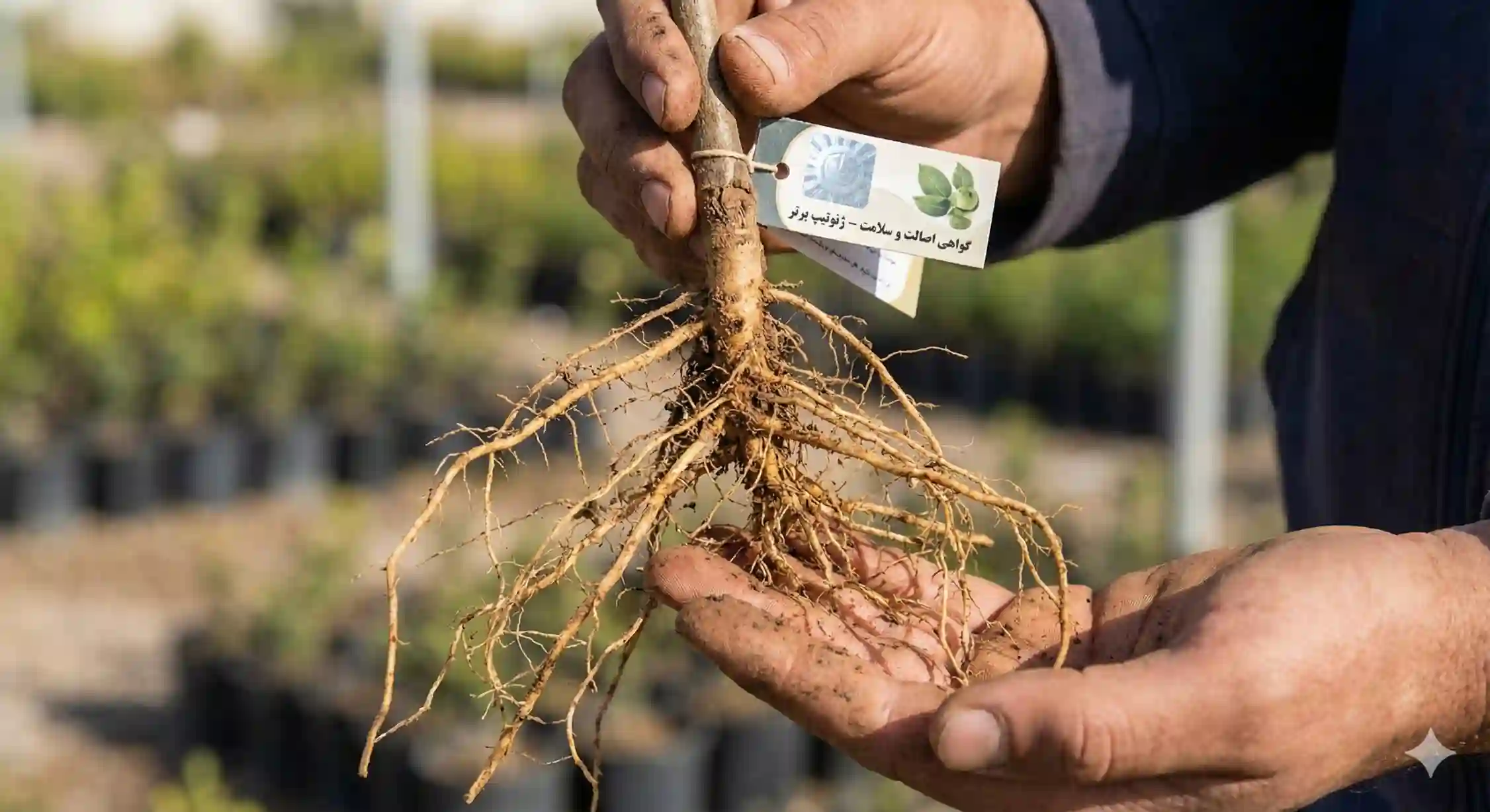 تصویر نزدیک از ریشه‌های مویی و سالم نهال گردو ژنوتیپ همراه با برچسب گواهی اصالت و سلامت.