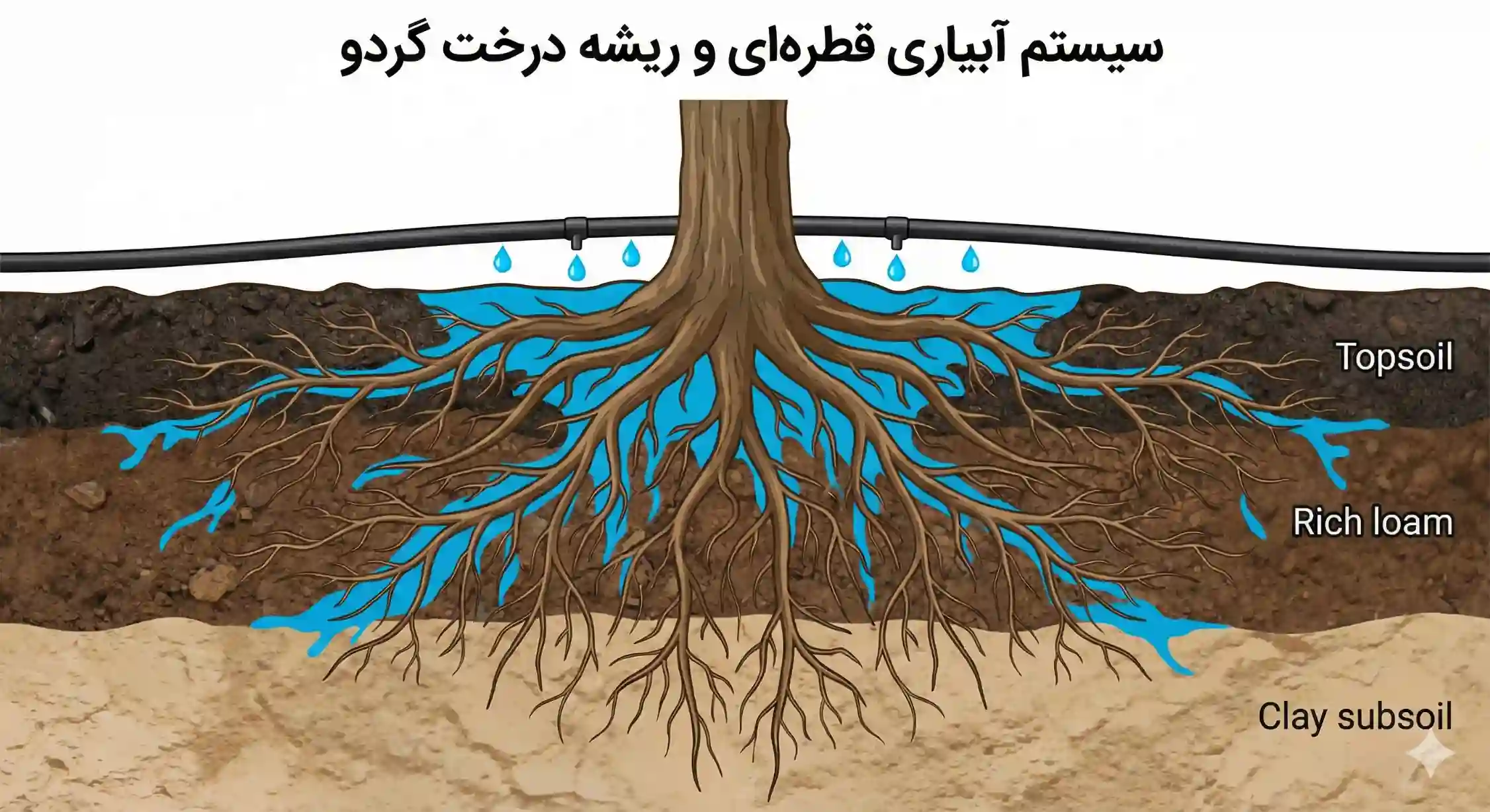 سیستم آبیاری قطره ای باغ گردو و نحوه نفوذ ریشه در خاک